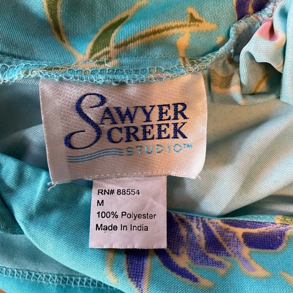 Sawyer Creek Studio Aqua Blue  Purple Pink Floral Polyester House Dress Size M - Picture 4 of 5